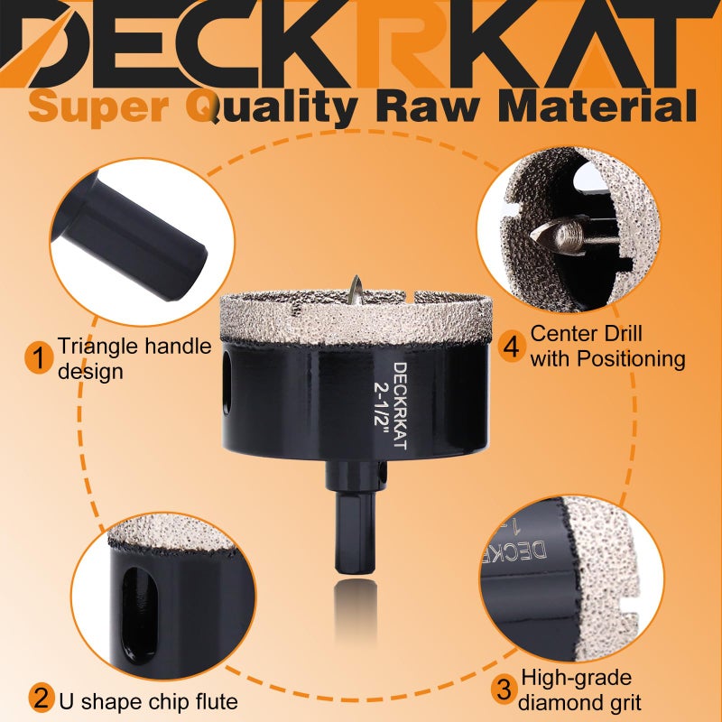 DECKRKAT 2-1/2 Inch Diamond Hole-Saw Bits with Pilot Drill Bit - 2pc 2-1/2"" Diamond Tipped Tile Hole Saws with Guiding Bit Accurate Drilling for Porcelain Tile Ceramic Pottery Granite Stone Glass Bottles 65mm - Image 4